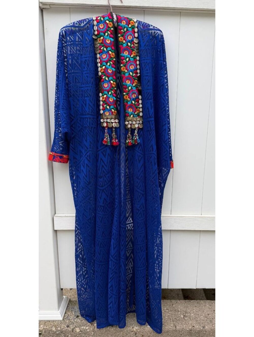 Tottie Designs Women's Blue Muslim Egyptian Embroidered Kaftan Duster OS